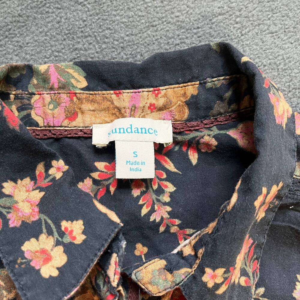 Sundance Floral Blouse Womens Size Small Black Half Button Long Sleeve Top - Picture 2 of 10